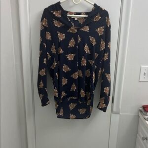 LOFT Women’s Navy Blouse – Modern Professional with Red Floral Accents 💼✨